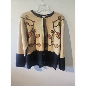 Crystal Kobe Fall Autumn Brown Sweater Cardigan Large Embroidered Leafs Floral
